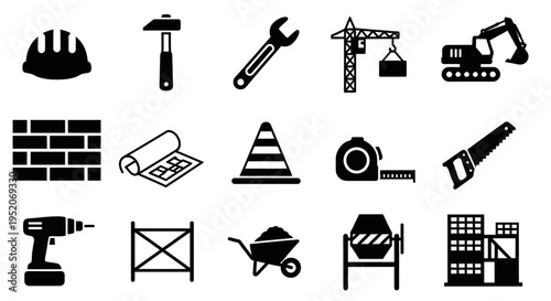 Essential construction tools and equipment silhouette collection for building, repair, and engineering projects