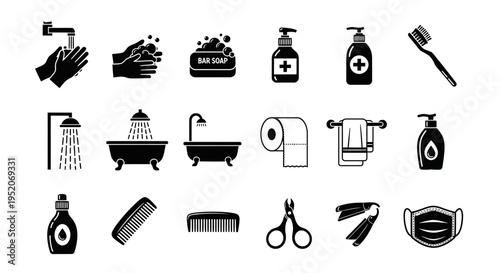 Essential Hygiene and Personal Care Icons Collection for Daily Routine and Bathroom Cleanliness Concepts