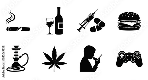 Collection of Monochrome Vector Icons Illustrating Unhealthy Habits, Addictions, and Risky Lifestyle Choices