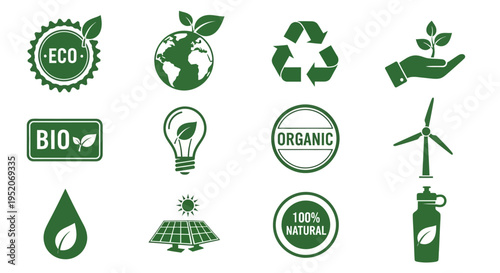 Collection of eco-friendly and sustainable vector icons for environmental protection, green energy, and nature conservation