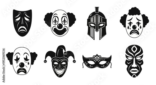 Collection of dramatic and comedic masks symbolizing theater, performance, and entertainment concepts
