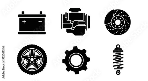 Essential Automotive Vehicle Parts Icon Set Car Engine, Battery, Wheel, Brake, Gear, and Suspension Component Symbols