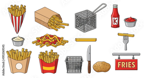Collection of fast food and french fry items including ketchup, mustard, mayonnaise, a potato, and fries in a box and cone