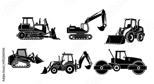 Collection of construction vehicles and heavy machinery illustrations, including bulldozers, excavators, and rollers