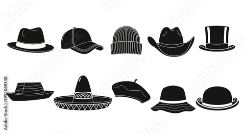 Diverse Collection of Headwear Styles Including Fedora, Baseball Cap, Beanie, Cowboy Hat, Top Hat, Sombrero, Beret, Bowler, and Sun Hat