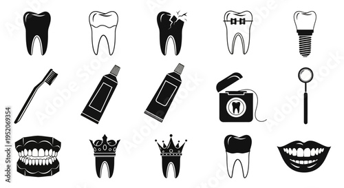 Set of dental care icons including teeth, toothbrush, toothpaste, dental floss, mirror, jaw, and crowns for oral hygiene