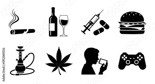 Collection of various icons representing harmful habits, addictions, and unhealthy lifestyle choices that impact well-being