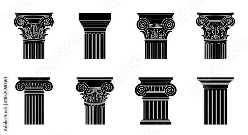 Collection of Classical Architectural Columns with Ionic and Corinthian Orders Displayed on White Background