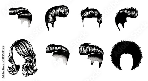 Collection of Illustrated Hairstyles and Haircuts for Men and Women, Featuring Classic, Retro, Modern, and Curly Styles in Graphic Detail
