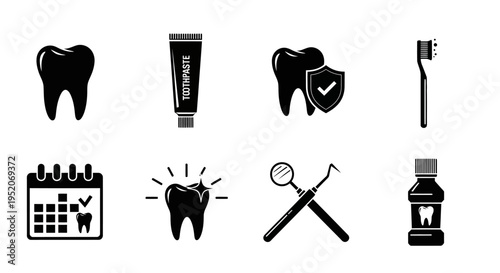 Comprehensive Set of Dental Health and Oral Hygiene Flat Vector Icons for Healthy Teeth and Gums