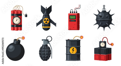 A Diverse Collection of Dangerous Explosive Devices and Bombs, Ranging from Classic Dynamite to Modern Detonators and Military Ordnance