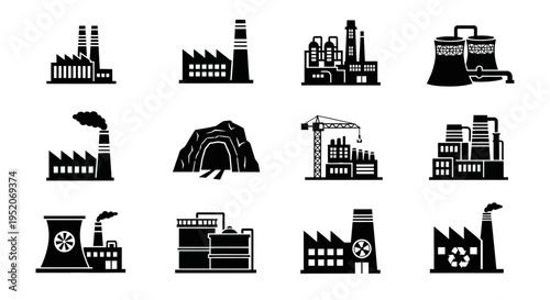 Set of Industrial Building Icons Factories, Power Plants, and Mining Structures