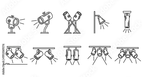 Diverse Outline Vector Icons of Spotlights and Stage Lighting Fixtures Collection