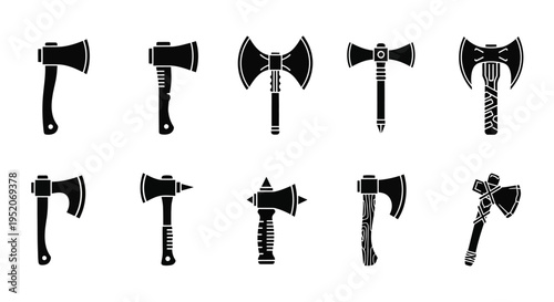 Collection of assorted axe silhouettes, including battle axes and woodcutting tools