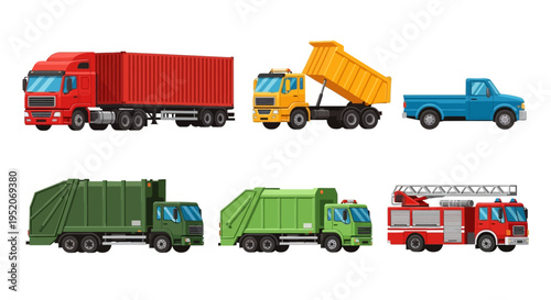 Colorful collection of diverse vector trucks semi-trailer, dump, pickup, garbage, and fire vehicles. Essential transport and utility illustrations