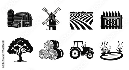 Versatile collection of black and white farm and agriculture icons, featuring barns, windmills, fields, tractors, hay bales, and natural elements for rural design projects