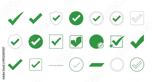 Collection of Green Check Mark Icons and Symbols for Approval, Success, and Confirmation in Various Designs