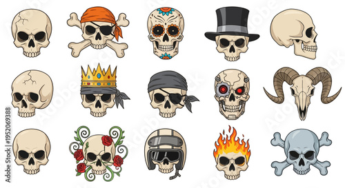 Extensive collection of stylized skull illustrations featuring pirate, sugar skull, and biker designs