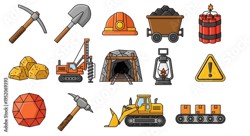 Comprehensive mining industry vector icon set, showcasing essential tools, machinery, and safety elements for resource extraction operations