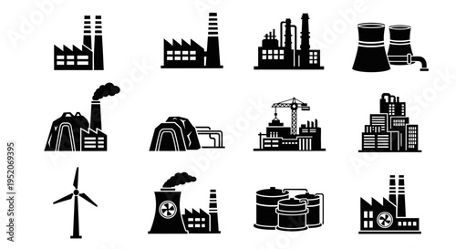 Industrial Factory Buildings and Structures Collection of Icons