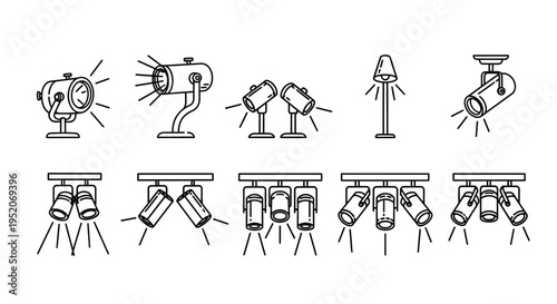 Collection of various interior and exterior spotlight and lamp illustrations for lighting design and architecture