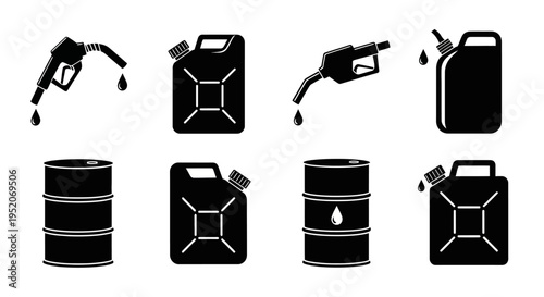 Fuel and oil industry vector icons set including gas pump nozzle, jerrycan, and barrel silhouettes. Petroleum energy symbols collection