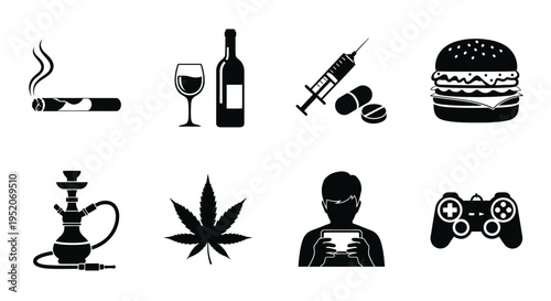 Modern Lifestyle Vices A Vector Icon Set Illustrating Addictive Habits and Unhealthy Choices in Society