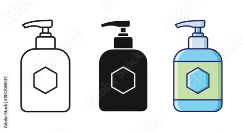 Collection of three vector graphic illustrations representing various styles of pump dispenser bottles for soap or sanitizer products