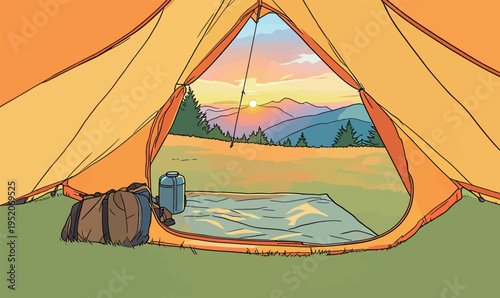 Sunset view from inside a camping tent in the mountains with a sleeping bag and water bottle nearby