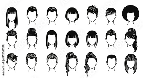 Diverse Collection of Male and Female Hairstyles for Avatar and Character Design, Including Short, Long, Bob, and Updo Cuts for Personalization