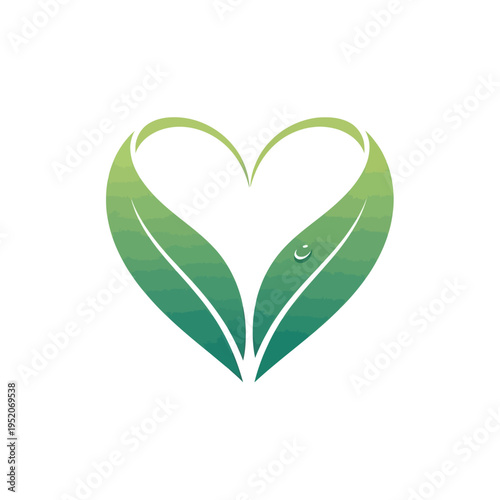 Heart-shaped green leaves with water drop symbolizing nature love.