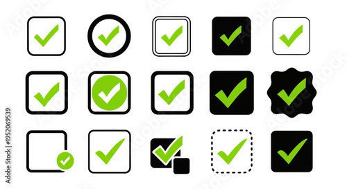 Various Check Mark Icons in Boxes and Circles, Including Different Styles and Colors for Design Use