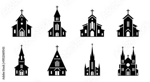 Collection of various church building silhouettes, each with a cross on top, representing places of worship and religious structures