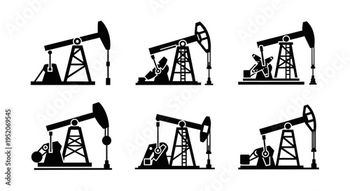 Set of oil pump jack icons black and white graphic illustrations of petroleum extraction machinery for energy industry