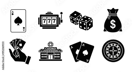 Collection of Casino and Gambling Icons Slot Machine, Dice, Cards, Roulette Wheel, and Casino Building