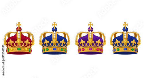 Set of four royal crowns in red, blue, and purple with gold embellishments and crosses on a white background