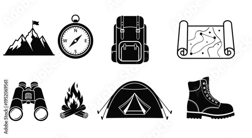 Camping and hiking adventure icons mountains, compass, backpack, map, binoculars, campfire, tent, and boot
