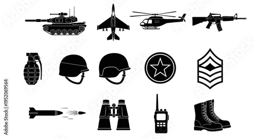 Comprehensive set of military equipment and army weapons icons, featuring soldier gear, vehicles, and insignia in black silhouettes on a clean white background