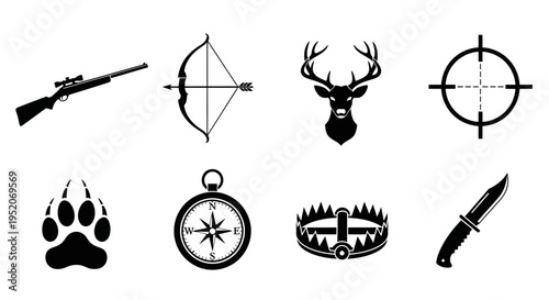 Monochrome Vector Icons Set Illustrating Hunting Gear, Wildlife Tracking Symbols, and Outdoor Survival Equipment
