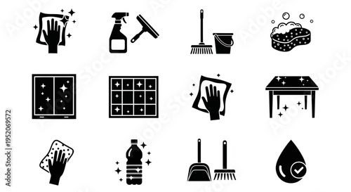 Comprehensive Household Cleaning Service Icons Set - Essential Tools and Tasks for a Spotless Environment