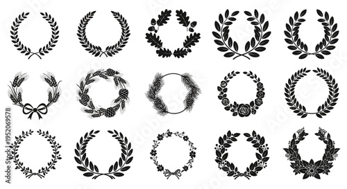 Elegant collection of diverse victory and decorative wreaths, perfect for insignia, awards, and sophisticated design elements