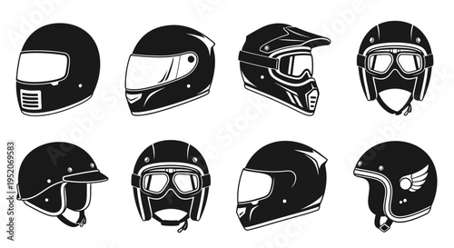 Assortment of motorcycle helmets showcasing essential head protection gear for diverse riding styles, from road and sport to off-road adventures