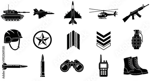Comprehensive Collection of Military and Army Silhouettes Warfare Equipment, Uniforms, and Combat Gear Icons