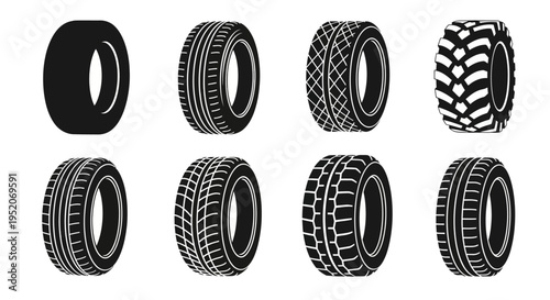Diverse collection of black and white vector illustrations showcasing various vehicle tires with distinct tread patterns for automotive concepts