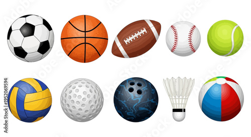Colorful Array of Athletic Game Balls and Shuttlecock, Ideal for Sports-Themed Designs and Projects