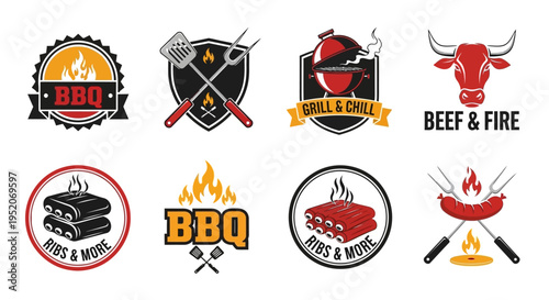 BBQ Ribs and Grilling Illustrations with Icons of Food and Animals