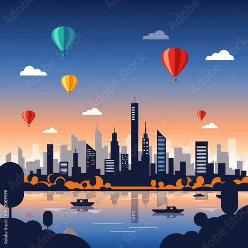 Hot Air Balloons Over City Skyline at Sunset.