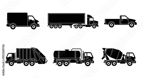 Collection of Diverse Truck Silhouettes Isolated on White Background - Freight, Utility, and Construction Vehicles