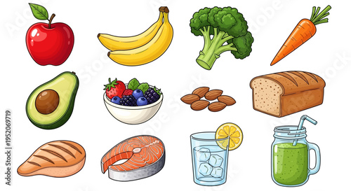 An illustrative collection of diverse healthy food items promoting a balanced diet for nutritious eating and overall well-being