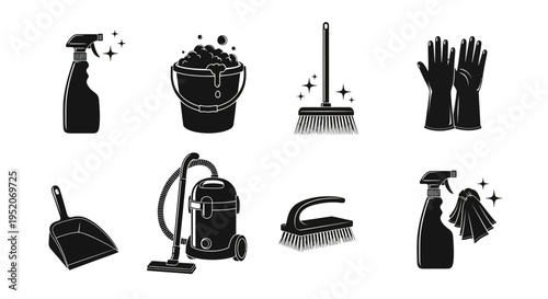 Household cleaning supplies and equipment icons, including sprays, buckets, brooms, and gloves
